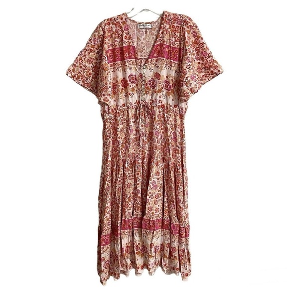 Salty Bright Dress Womens Sz 12 Pink White Floral Boho Tiered Rayon Maxi… - Picture 1 of 8